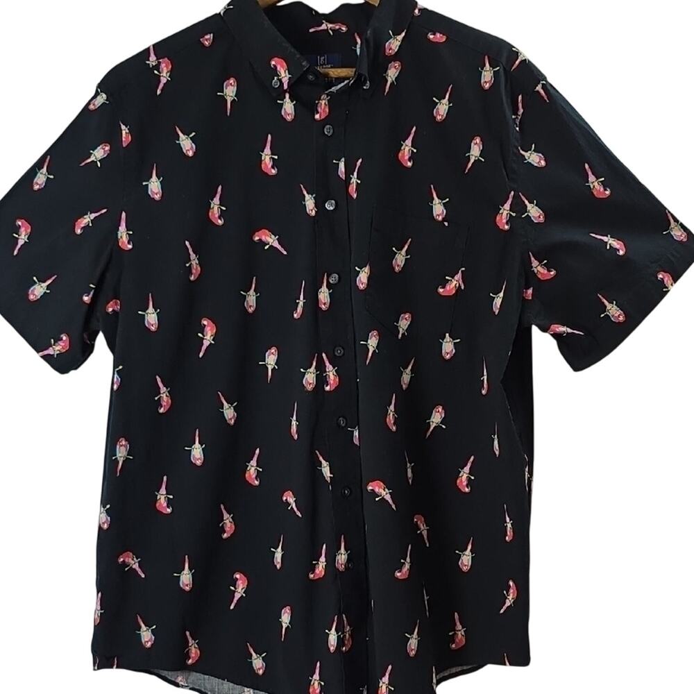 Mens Sz 2XL Classic Fit Black Parrot Print Button Down Islands George Shirt